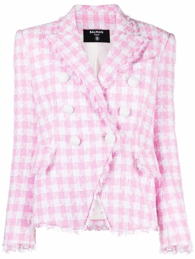 Shop Balmain Gingham Tweed Blazer In Pink