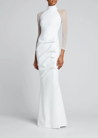 Shop Chiara Boni La Petite Robe Maylys Mock-neck Long-sleeve Illusion Gown In 070 White