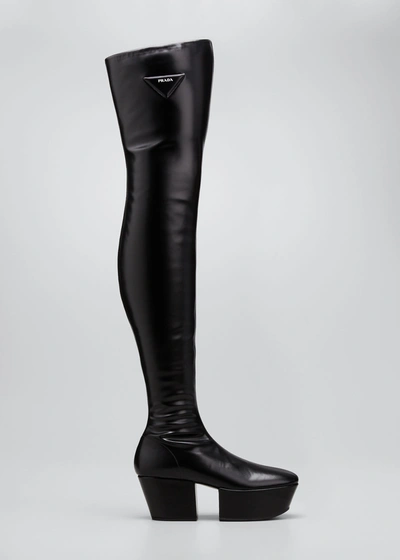 Shop Prada Stretch Napa Over-the Knee Platform Boots In Nero