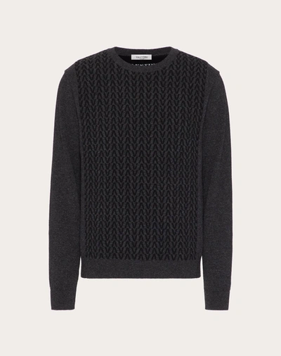 Shop Valentino Uomo Wool Crewneck Sweater With Optical  Motif In Anthracite/black