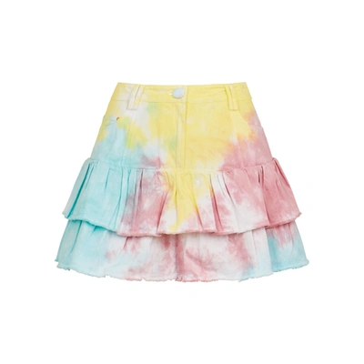 Shop Loveshackfancy Landen Tie-dye Ruffled Denim Mini Skirt In Multicoloured