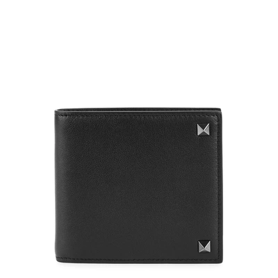 Shop Valentino Garavani Rockstud Black Leather Wallet In Black And Silver