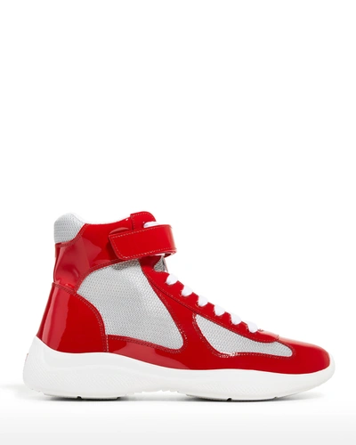 Shop Prada Men's America's Cup Patent Leather High-top Sneakers In Rosso Arge