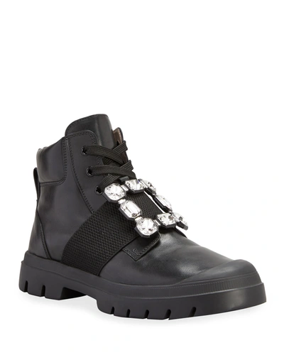 Shop Roger Vivier Walky Viv' Lace-up Strass Buckle Booties In Black