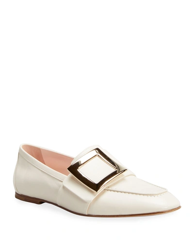 Shop Roger Vivier 10mm Leather Buckle Flat Loafers In White