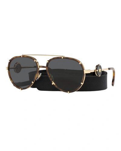 Shop Versace Medusa Metal Aviator Sunglasses In Havana