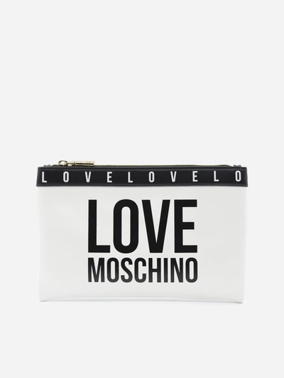 Shop Love Moschino Hammered Weave Clutch With Contrasting Logo Print In White, Black