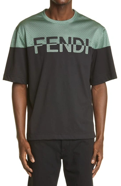 Shop Fendi Logo Mesh Yoke T-shirt In Black Sage Green