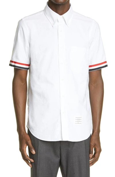 Shop Thom Browne Grosgrain Cuff Short Sleeve Oxford Button-down Shirt In White