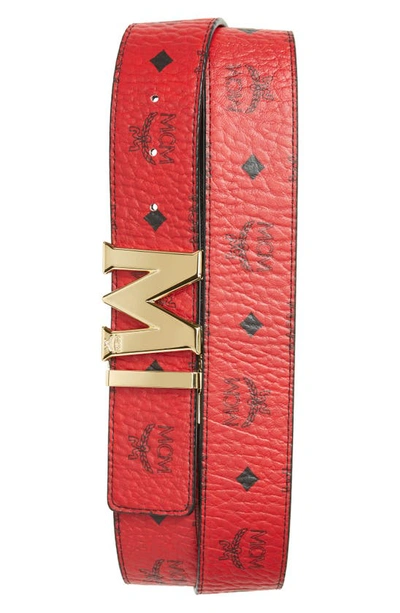Shop Mcm Reversible Signature Leather Belt In Ruby Red