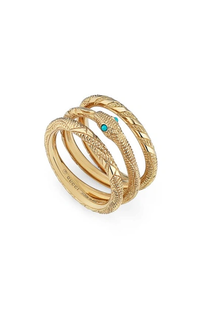 Shop Gucci Ouroboros Set Of 3 Stacking Rings In Yellow Gold/ Turquoise