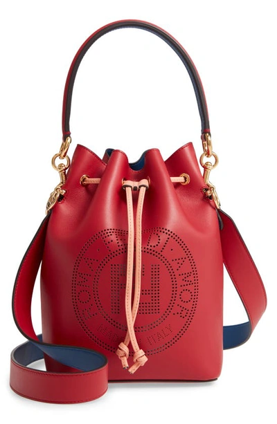 Shop Fendi Mon Tresor Perforated Logo Leather Bucket Bag In Strawberry/ Soft Gold