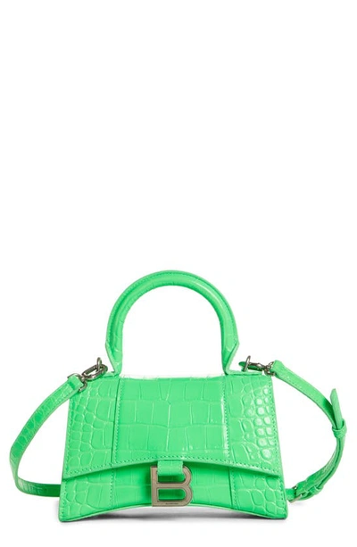 Shop Balenciaga Extra Small Hourglass Croc Embossed Leather Top Handle Bag In Fluo Green