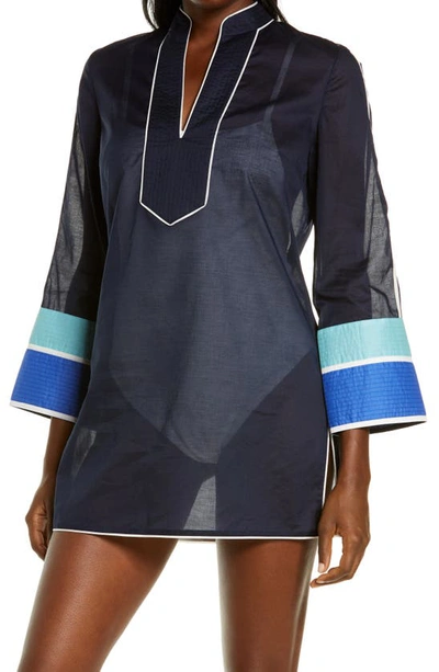 Shop Tory Burch Colorblock Cotton Cover-up Tunic In Tory Navy/blue Harvest/dusk