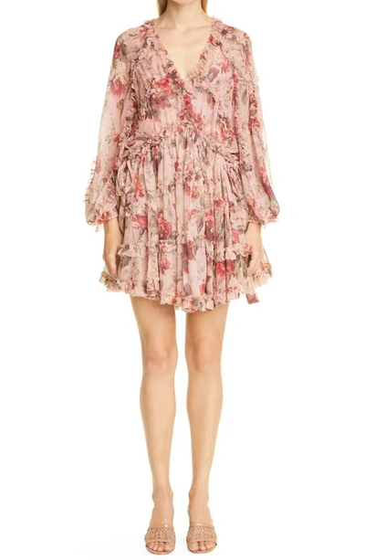 Shop Zimmermann Cassia Floral Ruffle Long Sleeve Silk Minidress In Musk Floral