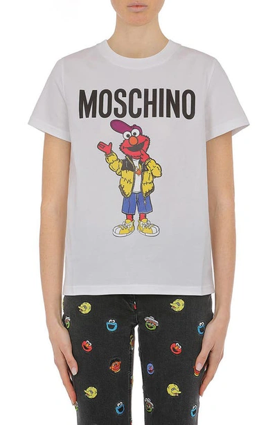 Shop Moschino X Sesame Street® Elmo Logo Cotton Graphic Tee In 1001 Fantasy Print White