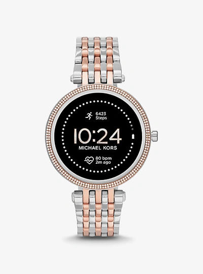 Shop Michael Kors Gen 5e Darci Pavé Two-tone Smartwatch In Silver