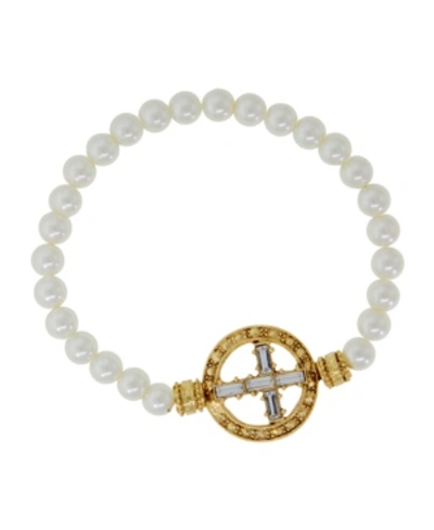 Shop Symbols Of Faith Gold-tone Crystal Cross Imitation Pearl Stretch Bracelet In White