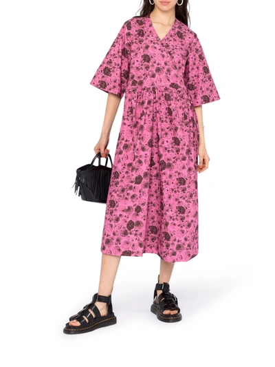 Shop Ganni Printed Cotton Dress In Pink & Purple