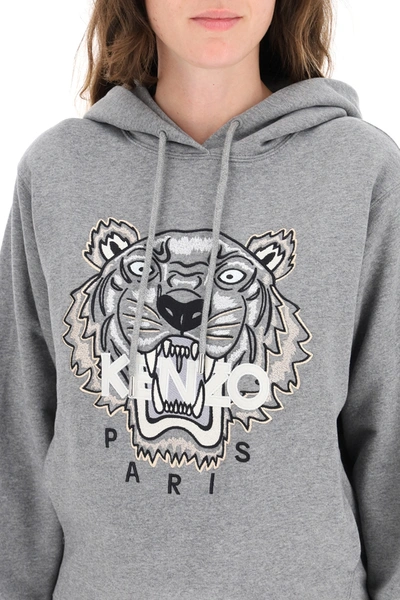 Shop Kenzo Hoodie With Tiger Embroidery In Grey,white,silver