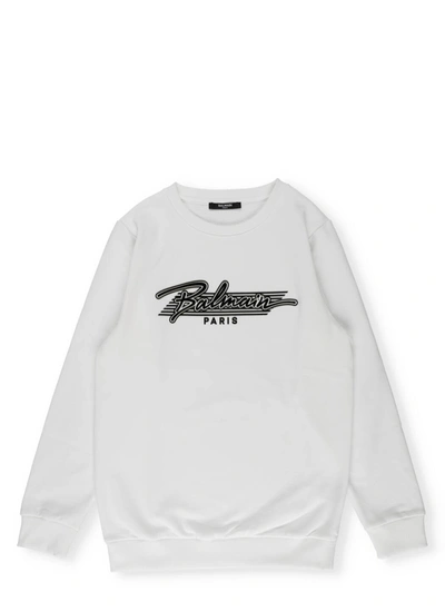 Shop Balmain Cotton Sweatshirt In Bianco/nero