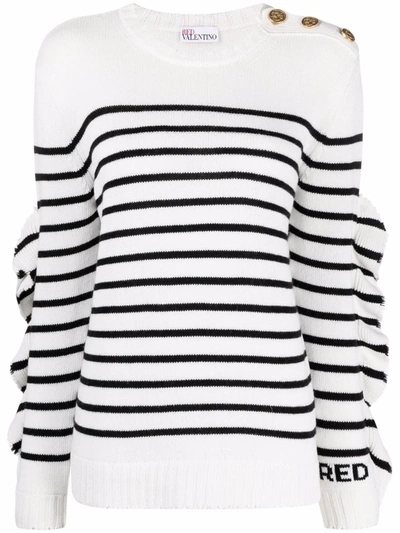 Shop Red Valentino Ruffle-detail Striped Knitted Jumper In Weiss