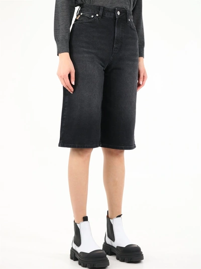 Shop Ganni High-waisted Stretch Denim Bermuda Shorts In Black
