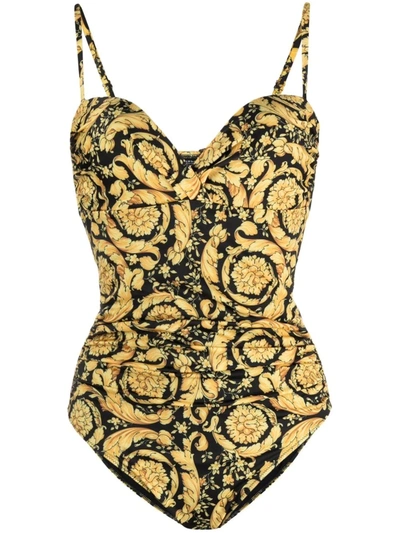 Shop Versace Barocco-print Sweetheart-neck Swimsuit In Gold