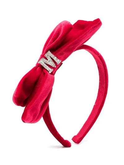 Shop Monnalisa Bow-embellished Velvet Headband In Red