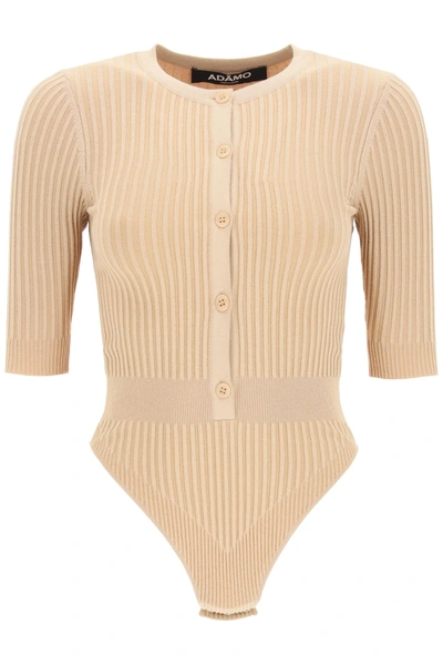 Shop Andrea Adamo Ribbed Knit Bodysuit In Nude 1 (beige)