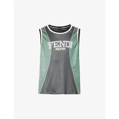 Shop Fendi Mens Anthracite+sage Gre Logo-print Oversized Mesh Top M