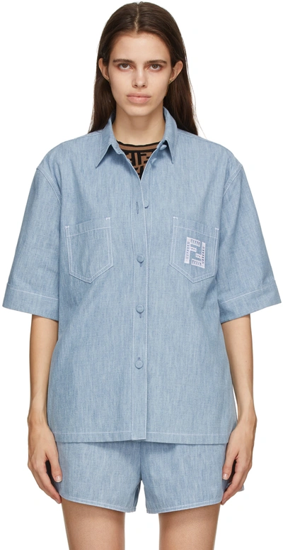 Fendi Ff-embroidered Cotton-chambray Shirt In Blue | ModeSens