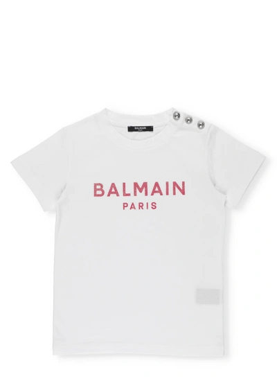 Shop Balmain Cotton T-shirt In Bianco/fuxia