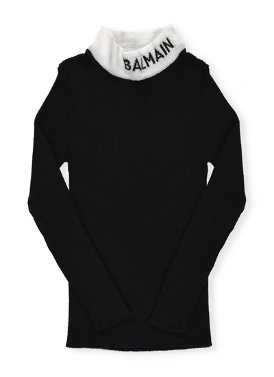 Shop Balmain Logo Turtleneck Sweater In Nero/bianco
