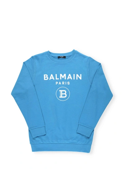 Shop Balmain Cotton Sweatshirt In Turchese