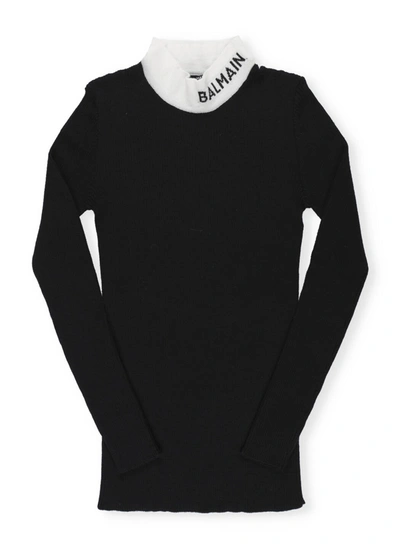 Shop Balmain Logo Turtleneck Sweater In Nero/bianco