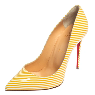 Pre-owned Christian Louboutin Yellow/white Stripe Patent Leather Pigalle Follies Pumps Size 38.5