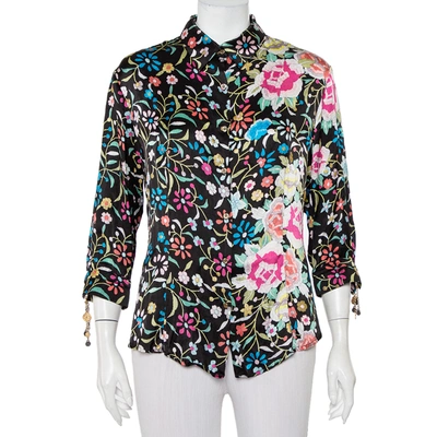 Pre-owned Roberto Cavalli Black Floral Printed Silk Satin Button Front Shirt Xl