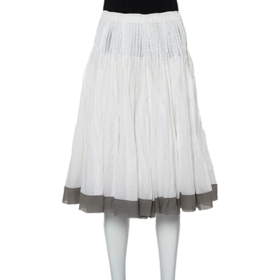 Pre-owned Prada Vintage White Cotton Contrast Trim Pleated Midi Skirt S