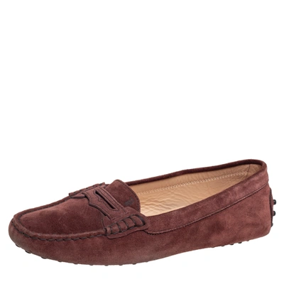 Pre-owned Tod's Burgundy Suede Penny Slip On Loafers Size 39