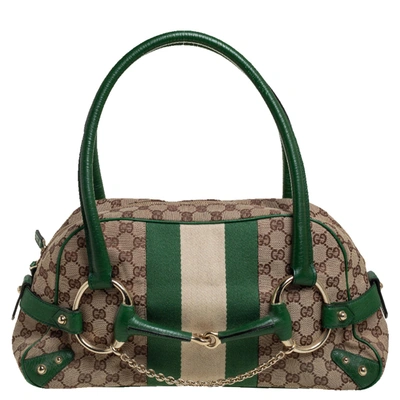 Pre-owned Gucci Beige/green Gg Canvas And Leather Large Horsebit Chain Satchel