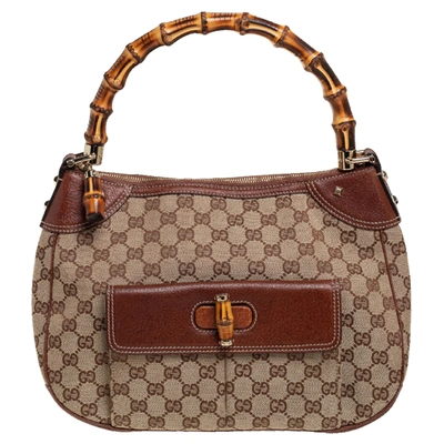 Pre-owned Gucci Beige/brown Gg Canvas And Leather Bamboo Hobo