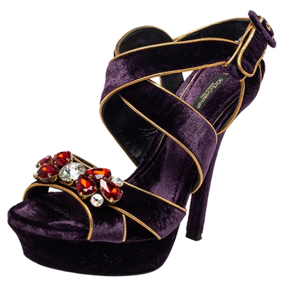 Pre-owned Dolce & Gabbana Purple Velvet And Leather Crystal Embellished Sandals Size 39