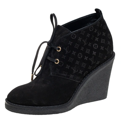 Pre-owned Louis Vuitton Black Monogram Suede Wedge Ankle Boots Size 36.5