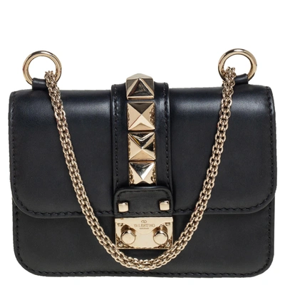 Pre-owned Valentino Garavani Black Leather Mini Rockstud Glam Lock Flap Bag
