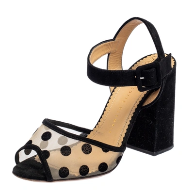 Pre-owned Charlotte Olympia Black Mesh And Suede Polka Dot Emma Sandals Size 39