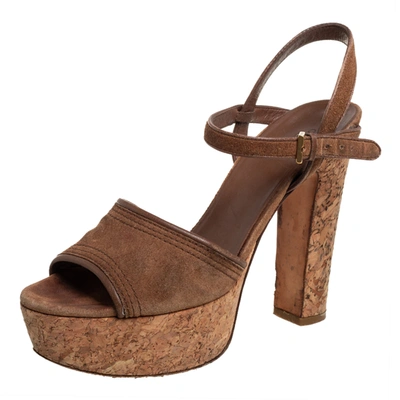 Pre-owned Gucci Brown Suede Danielle Cork Platform Sandals Size 38.5