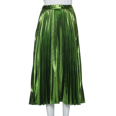 Pre-owned Gucci Green Lurex Plisse Silk Midi Skirt M