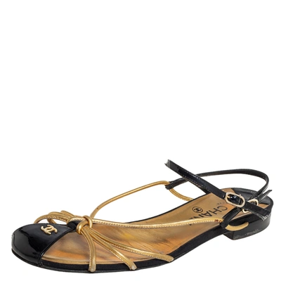 Pre-owned Chanel Gold/black Patent And Leather Strappy Flat Sandals Size 39
