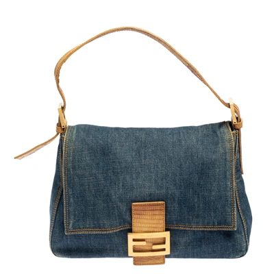 Pre-owned Fendi Blue/beige Denim And Lizard Mama Baguette Bag